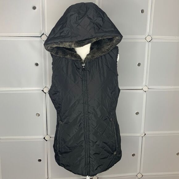 Kristen Blake Black & Faux Fur Reversible Hooded Vest Size Small - Picture 1 of 13